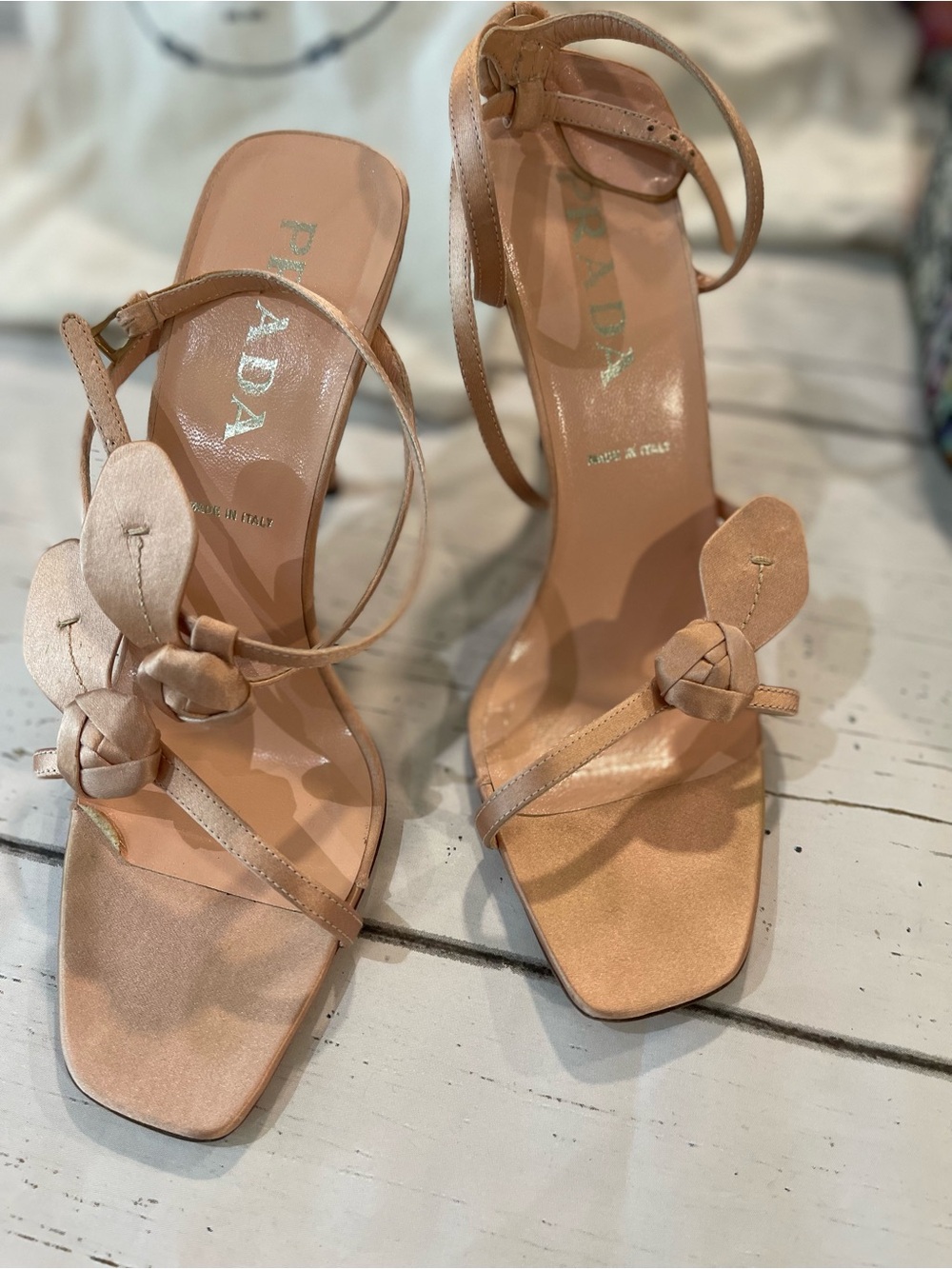 Prada Vintage Satin Floral Strappy Heels Blush Nude Size 38 Made in Italy - Picture 7 of 7